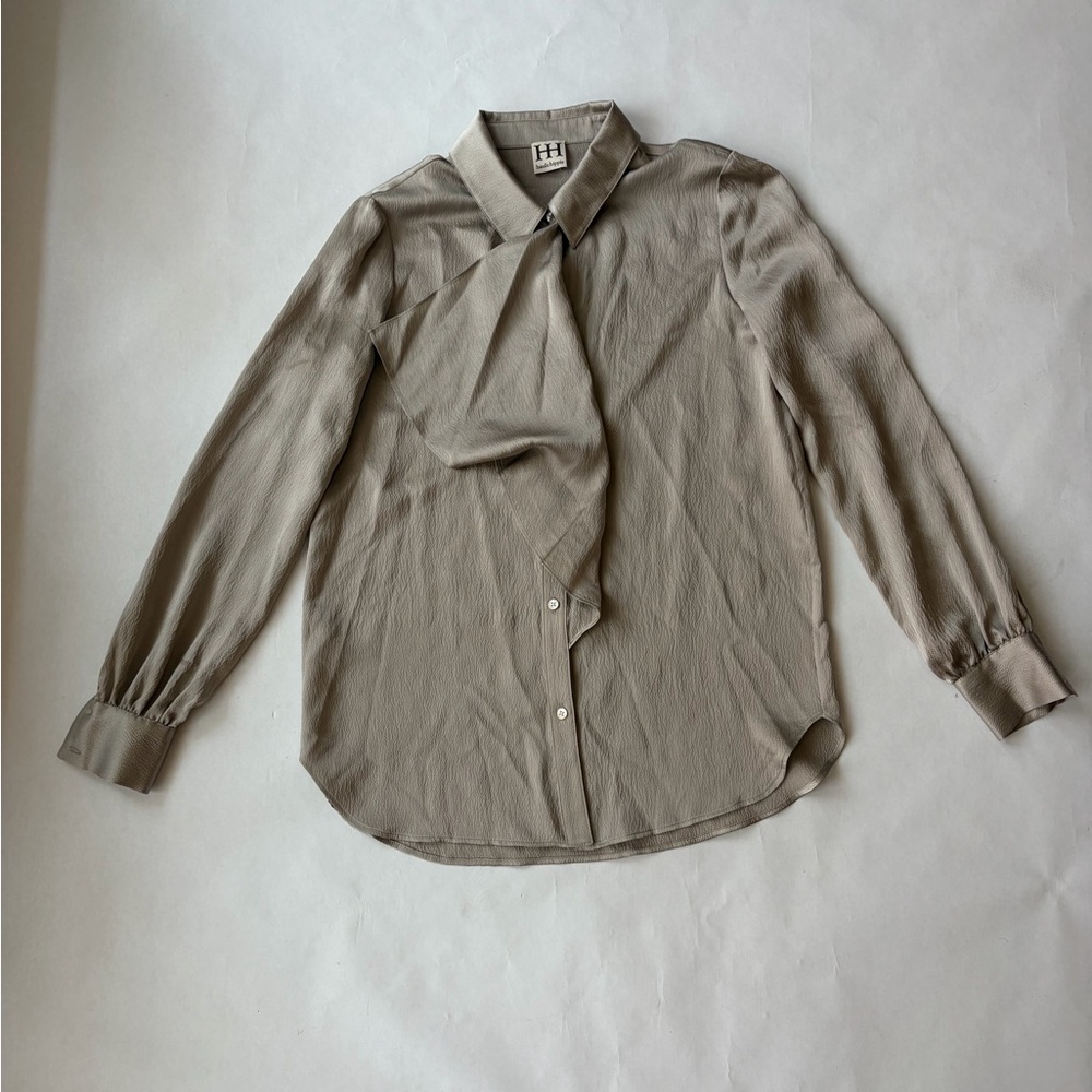 Haute Hippie Taupe Twist-Neck Long Sleeve Blouse-sample piece